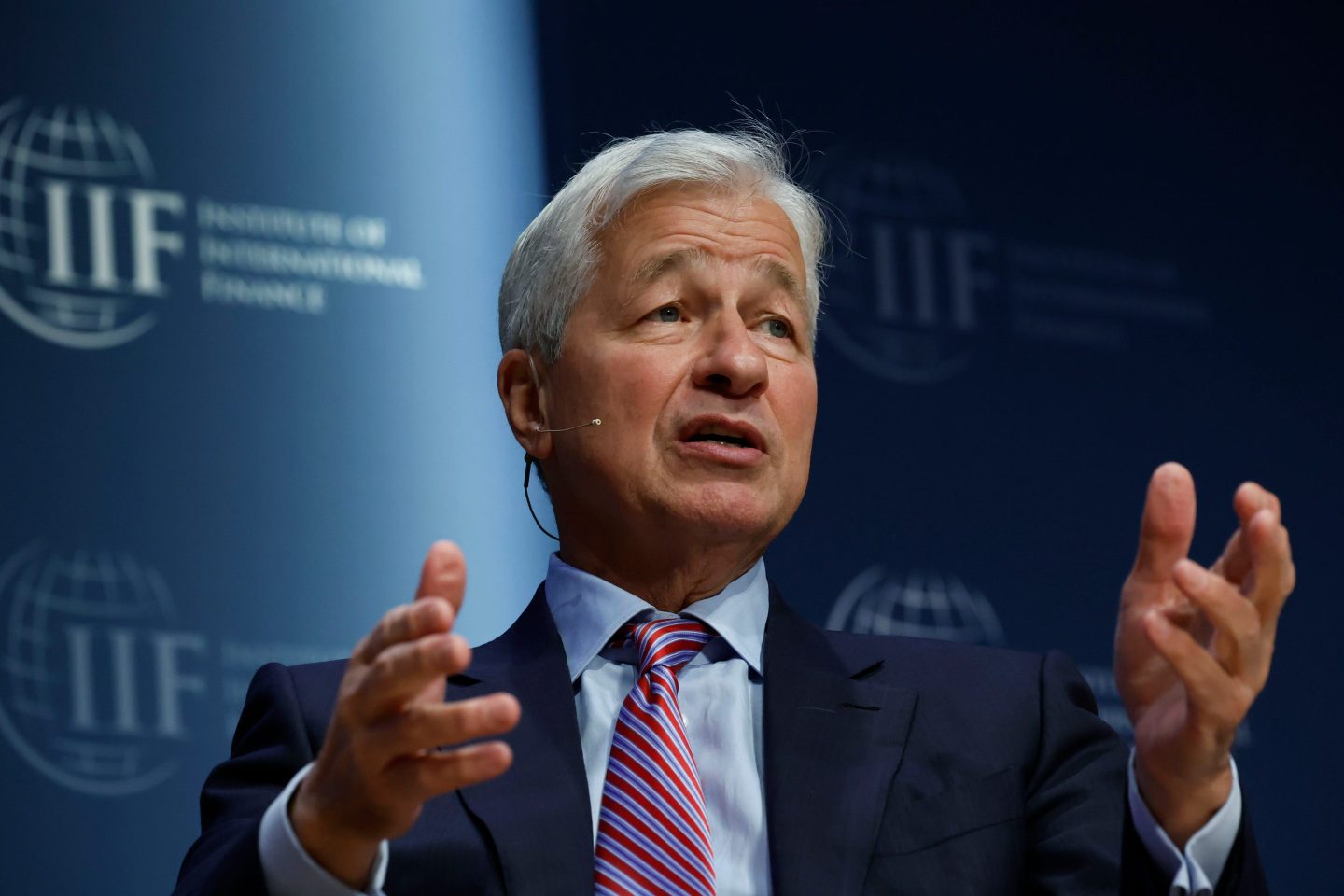 Jamie Dimon, chairman and chief executive officer of JPMorgan Chase, speaks during the Institute of International Finance (IIF) annual membership meeting in Washington, DC, US, on Thursday, Oct. 13, 2022.