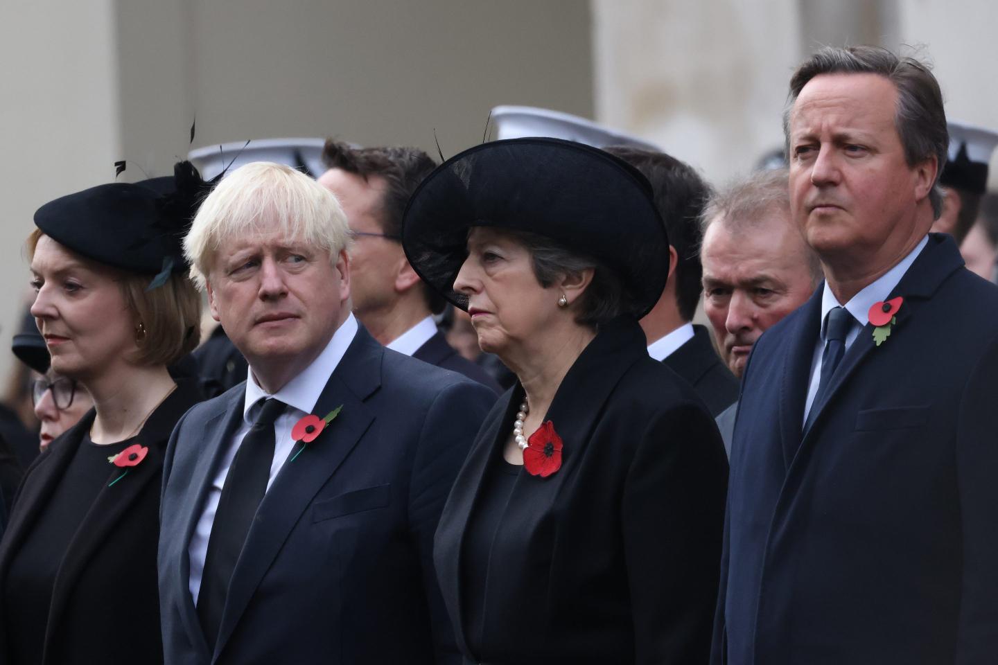 Former UK Prime Ministers Liz Truss, Boris Johnson, Theresa May and David Cameron during the National Service Of Remembrance