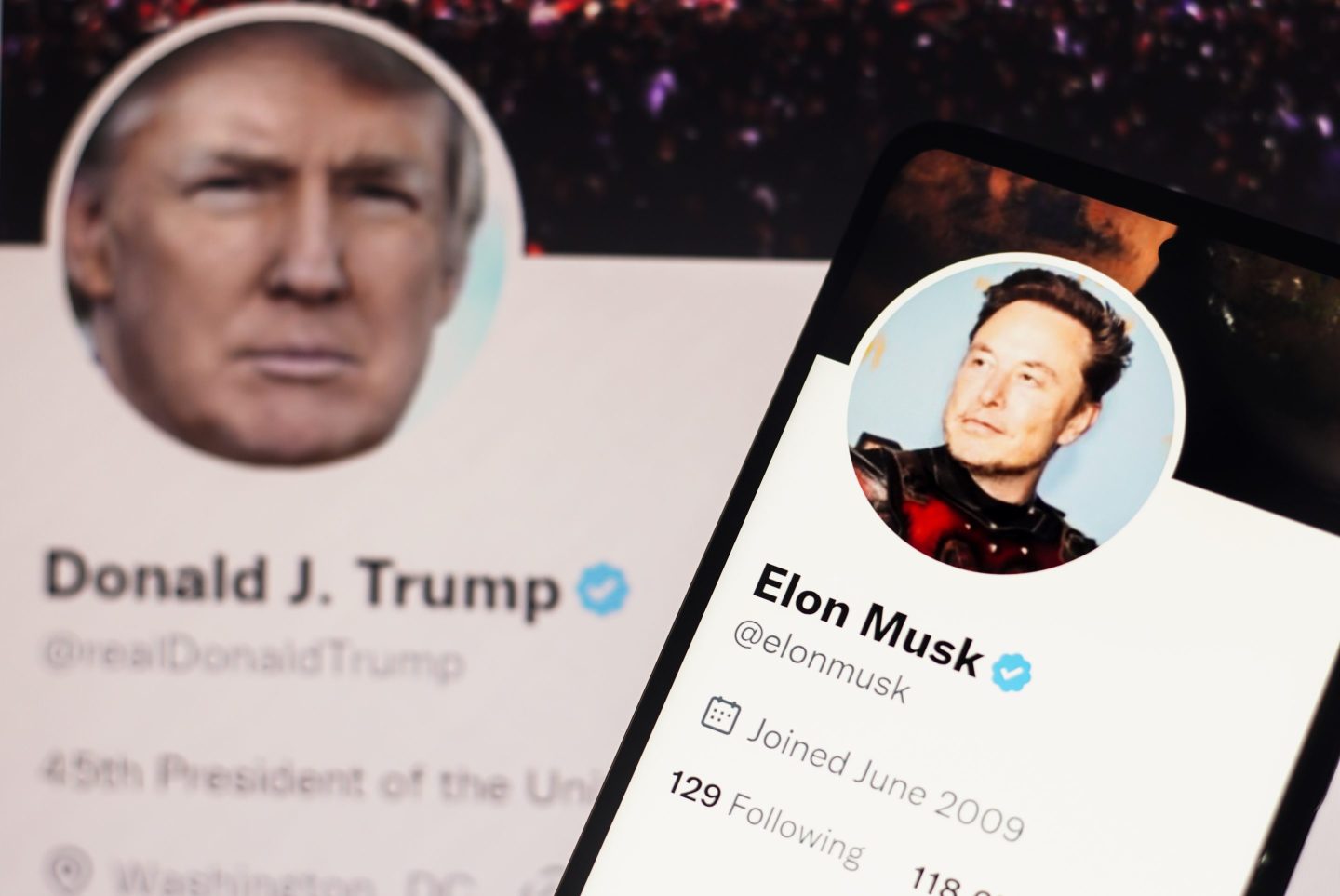 photo illustration, the Donald Trump Twitter account seen displayed on a laptop screen and Elon Musk Twitter account