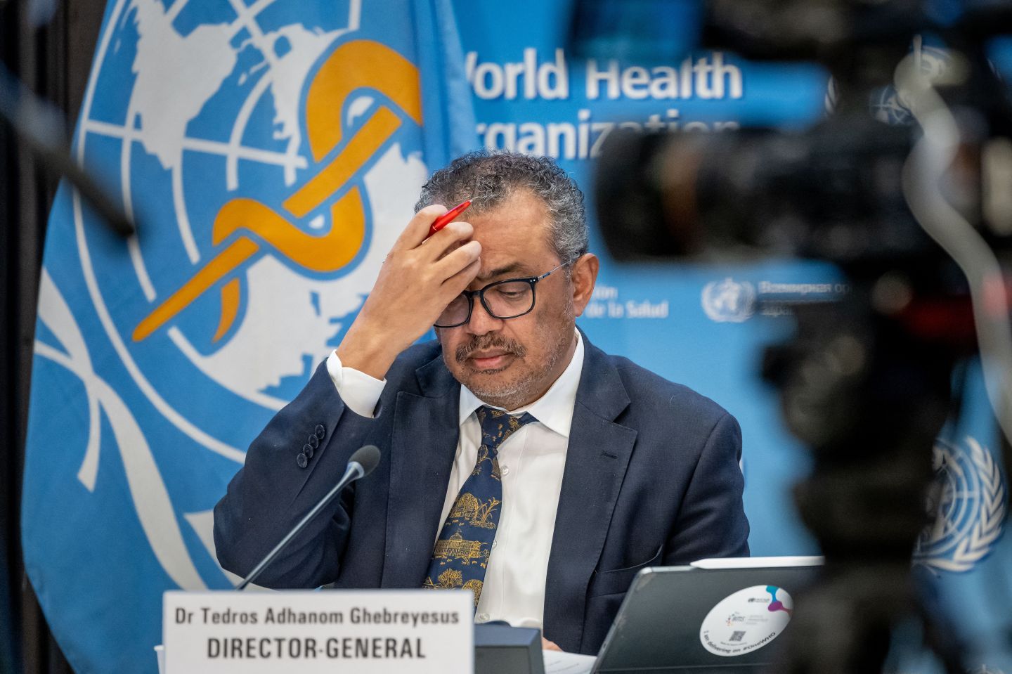 WHO Director-General Tedros Adhanom Ghebreyesus gestures during a press conference at the World Health Organization's headquarters in Geneva on Dec. 14.