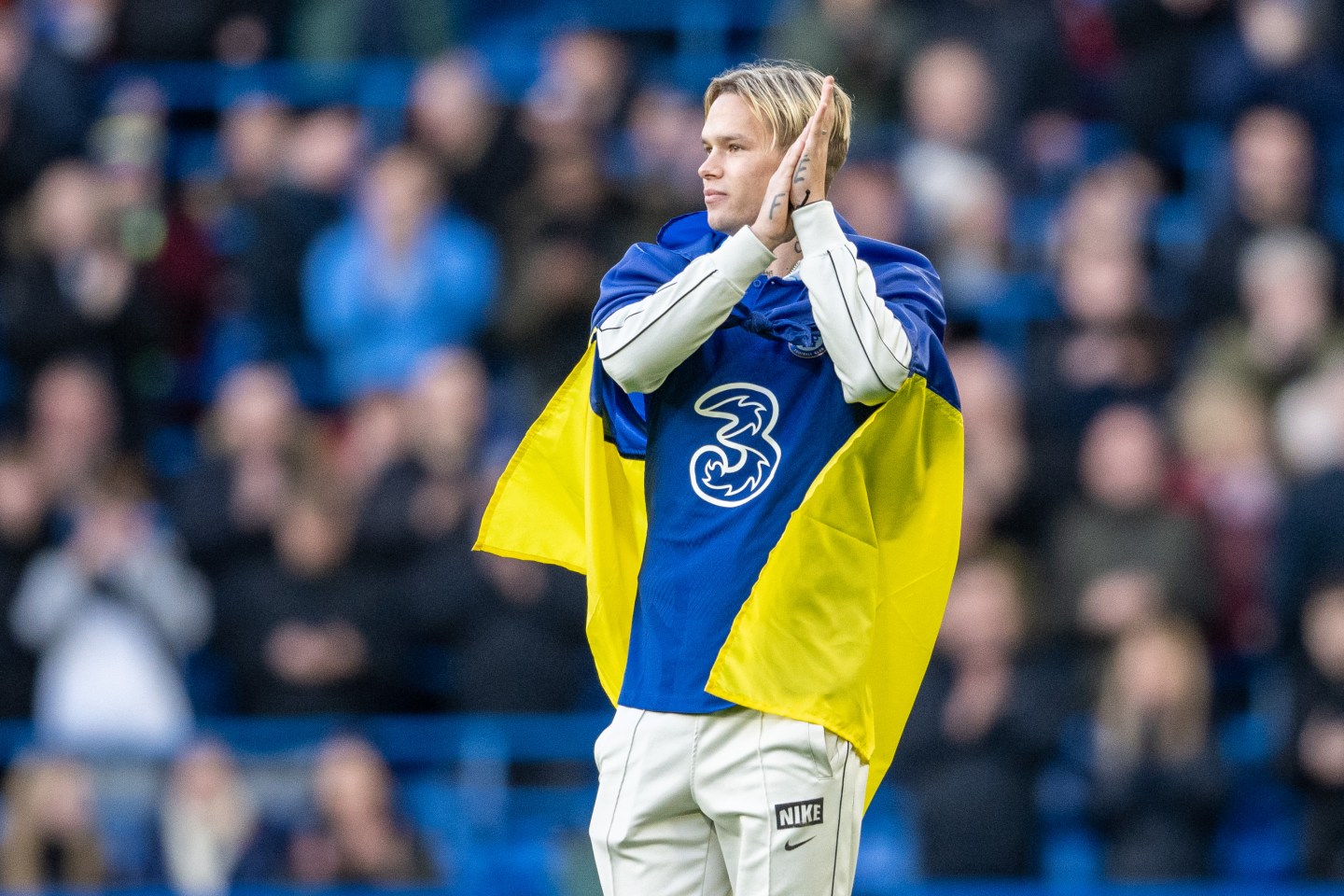 New Chelsea player Mykhailo Mudryk is presented to the fans at half time during the Premier League match between Chelsea FC and Crystal Palace at Stamford Bridge on January 15, 2023 in London.