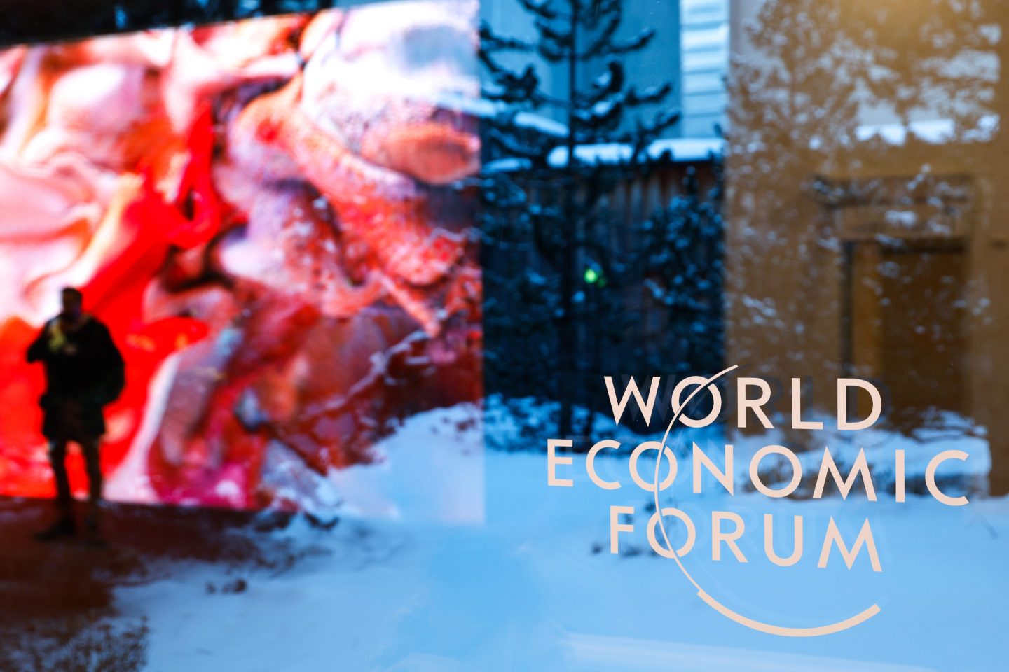 The logo the World Economic Forum (WEF) on a window at the Congress Center in Davos, Switzerland, on Monday,