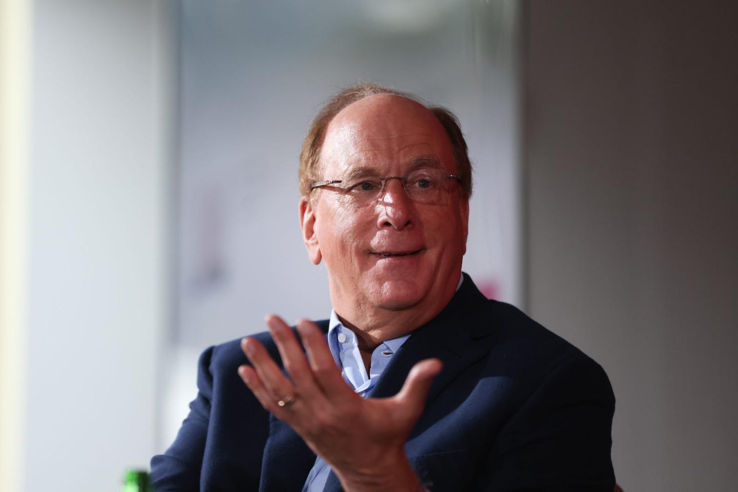 Larry Fink, chairman and chief executive officer of BlackRock, speaks at event on the sidelines of the opening day of the World Economic Forum (WEF) in Davos, Switzerland, on Tuesday, Jan. 17, 2023.