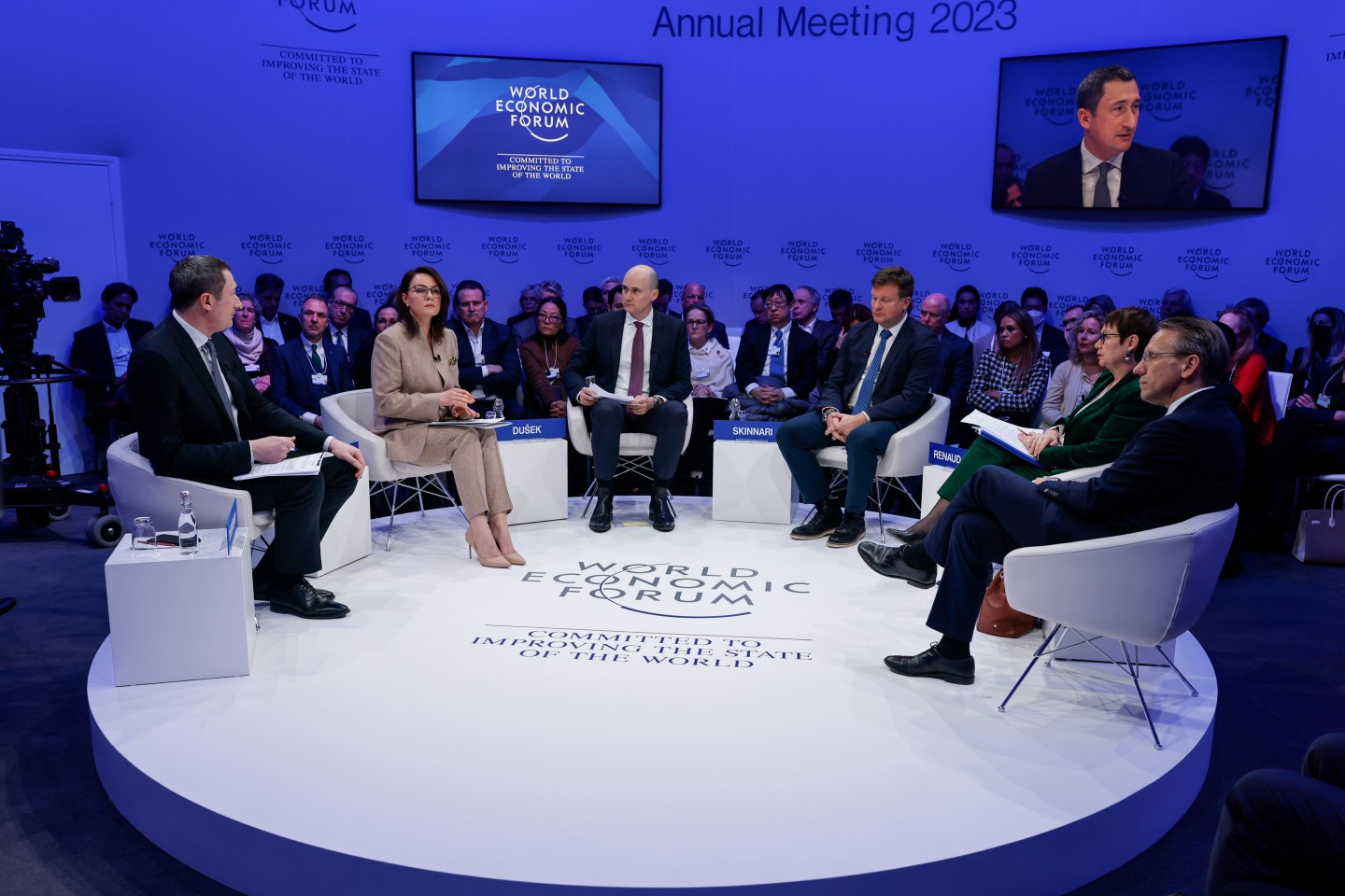 Ukrainian business leaders and government officials speaking during a panel session at the World Economic Forum in Davos, Switzerland.