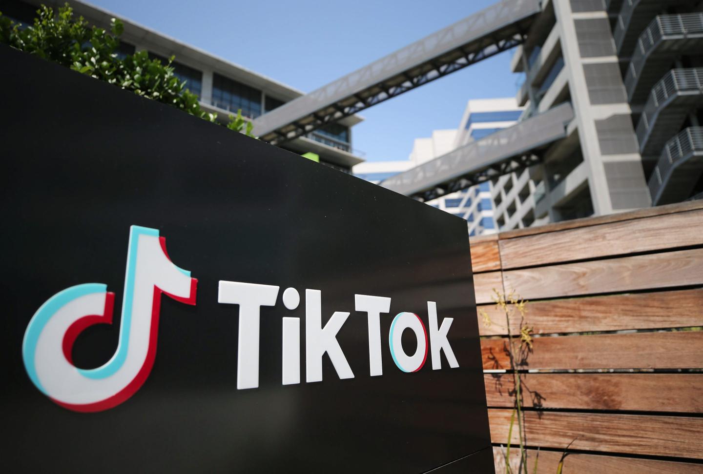 The TikTok logo is displayed outside a TikTok office in California