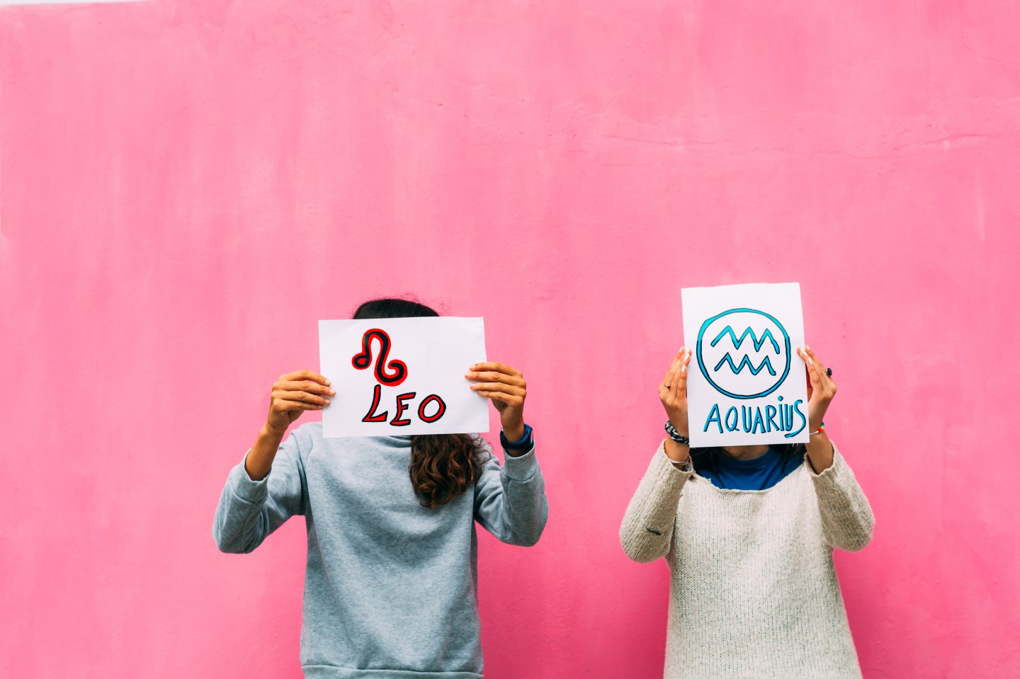 Photo of two people, each holding up a piece of paper with a zodiac sign written on it