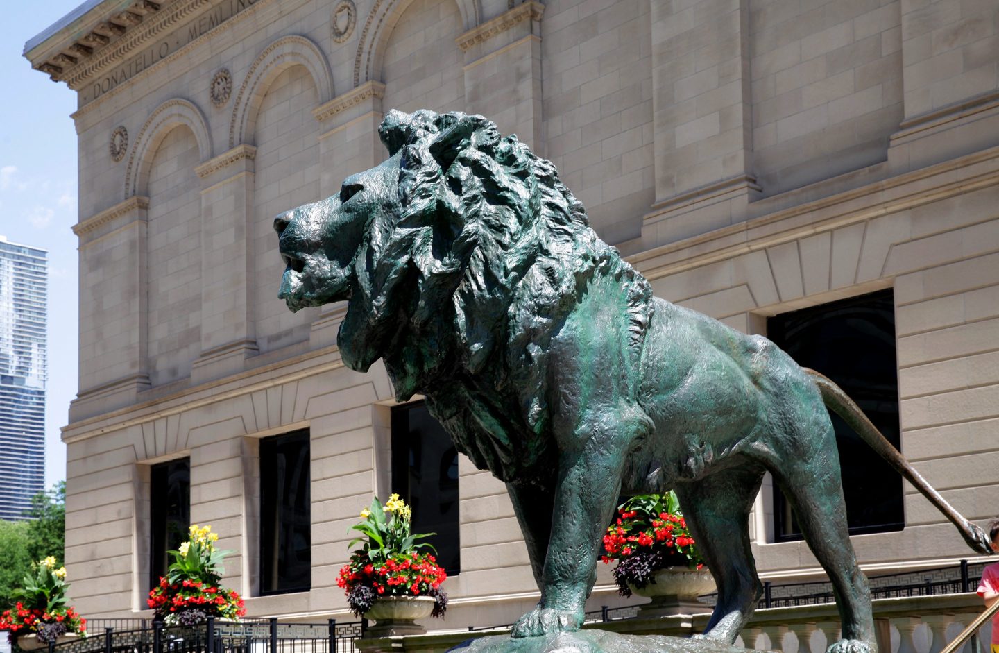 the iconic lions are back outside the Art Institute of Chicago in Chicago, Illinois