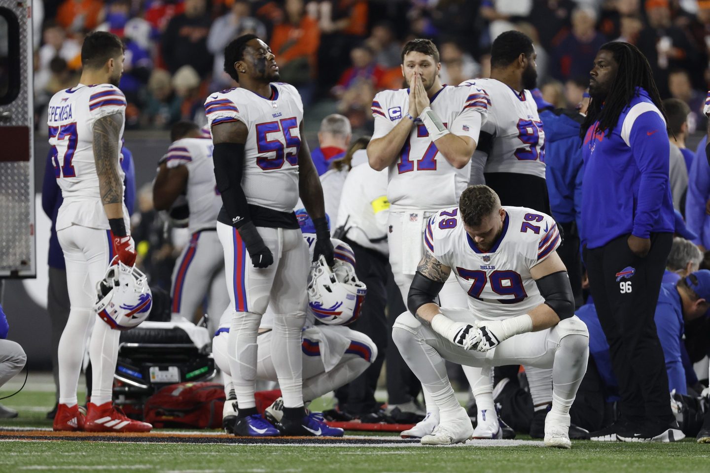 Buffalo Bills players react after teammate Damar Hamlin #3 was injured against the Cincinnati Bengals
