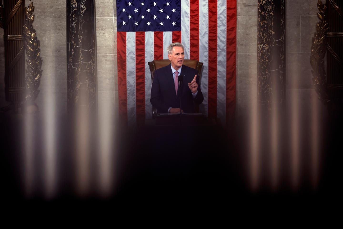 U.S. Speaker of the House Kevin McCarthy (R-CA) delivers remarks after being elected as Speaker in the House Chamber at the U.S. Capitol Building on January 07, 2023 in Washington, DC.