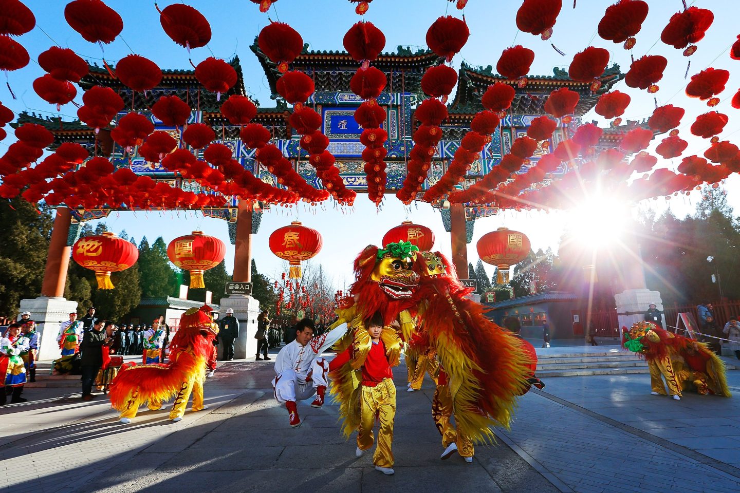 Dancers perform with a costume dragon during Lunar New Year festivities.