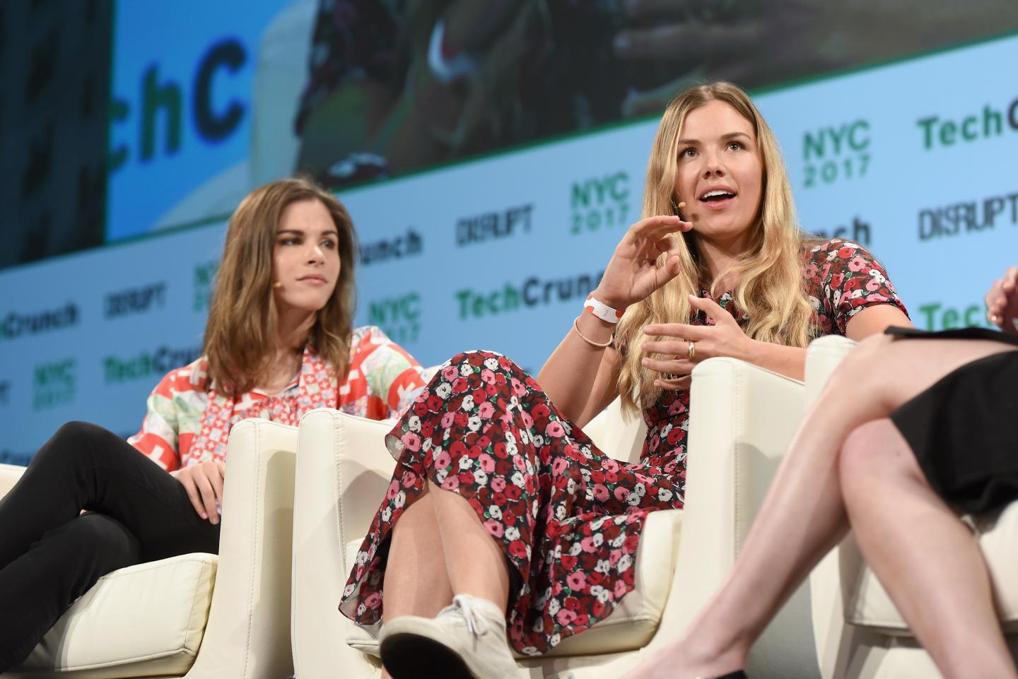 Glossier founder and then-CEO Emily Weiss and Outdoor Voices founder Tyler Haney speak onstage during TechCrunch Disrupt NY 2017 at Pier 36 on May 15, 2017 in New York City.