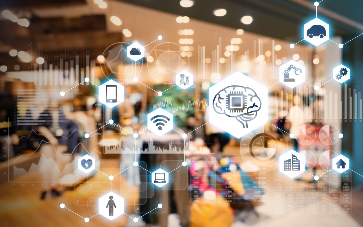 Artistic rendering of artificial intelligence used in a retail setting