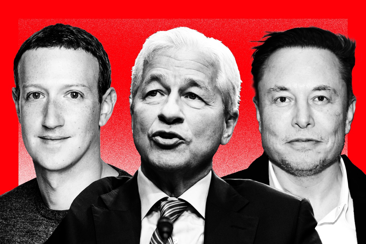 A photo illustration with a portrait of three CEOs: Mark Zuckerberg, Jamie Dimon, and Elon Musk.