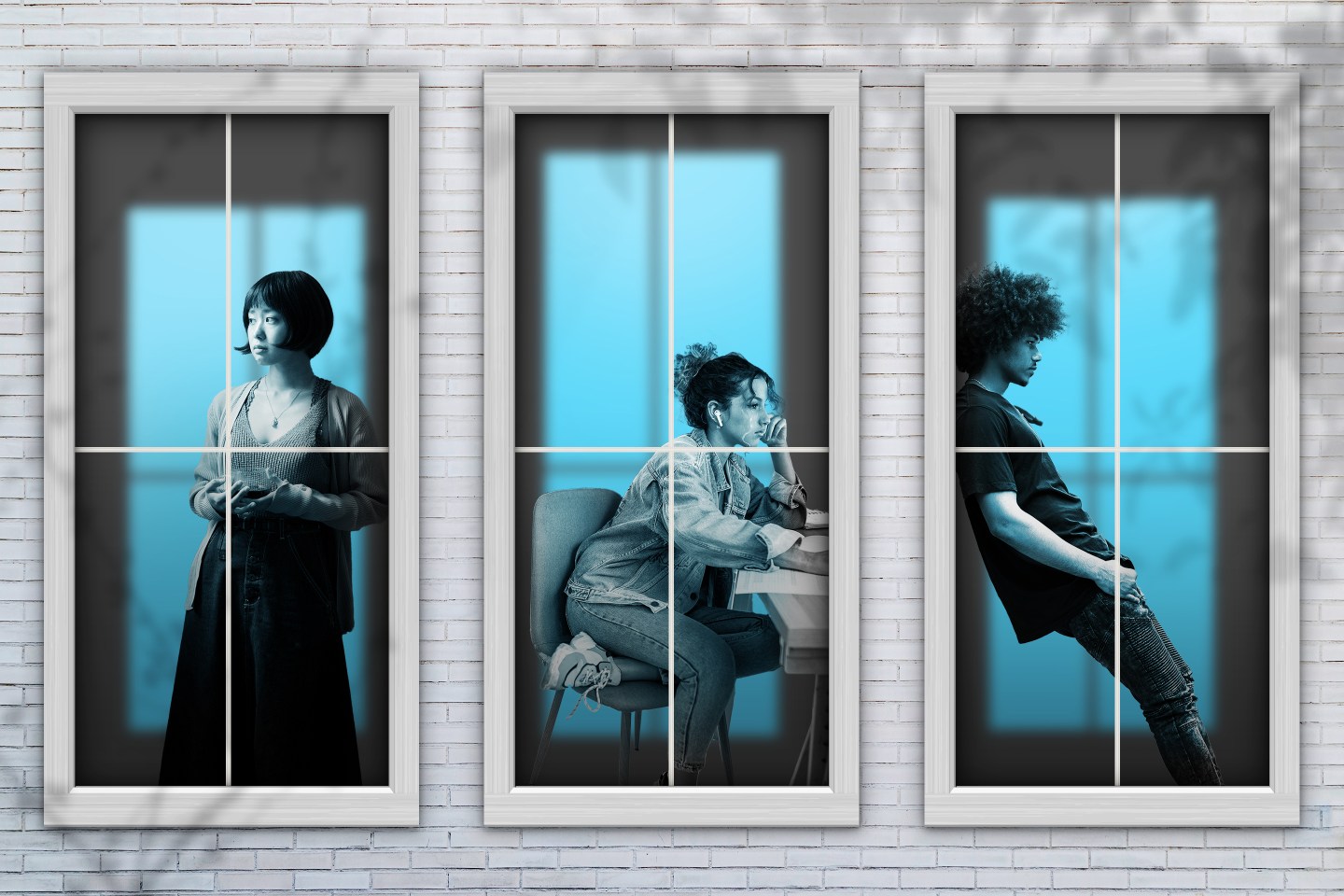 Photo illustration of three windows on the side of a building, each revealing a lonely isolated person standing or working from home