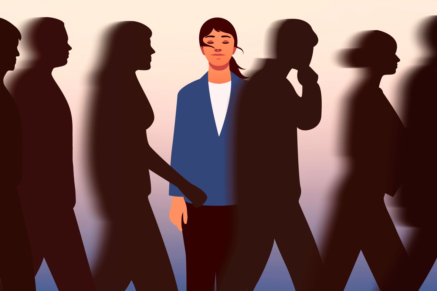 illustration of young woman standing still with eyes closed as shadows of people rush past her.
