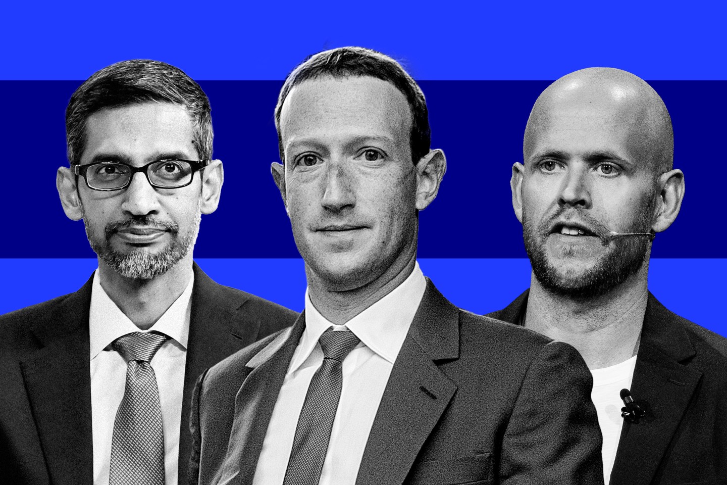 Sundar Pichai, Mark Zuckerbeg and Daniel Ek on a blue background.