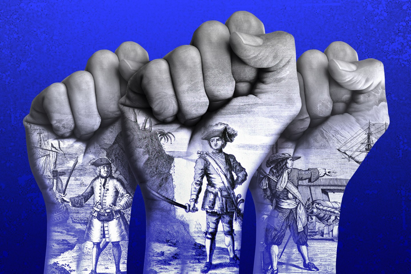 Photo illustration of three fists raised in protest overlaid with archival images of etchings of pirates.