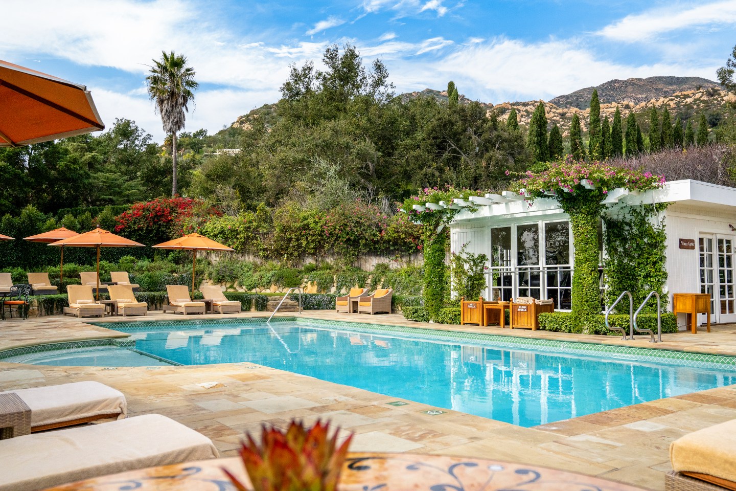 Poolside at San Ysidro Ranch. Guests can lounge here as well as order lunch alfresco.