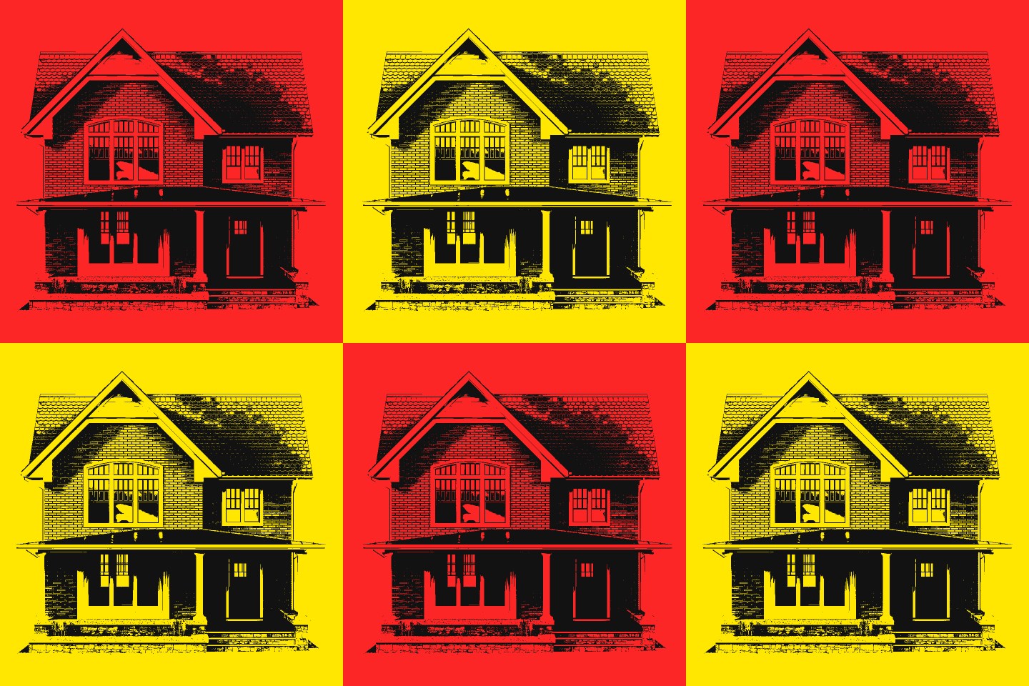 Artistic design of six identical houses on red and yellow backgrounds