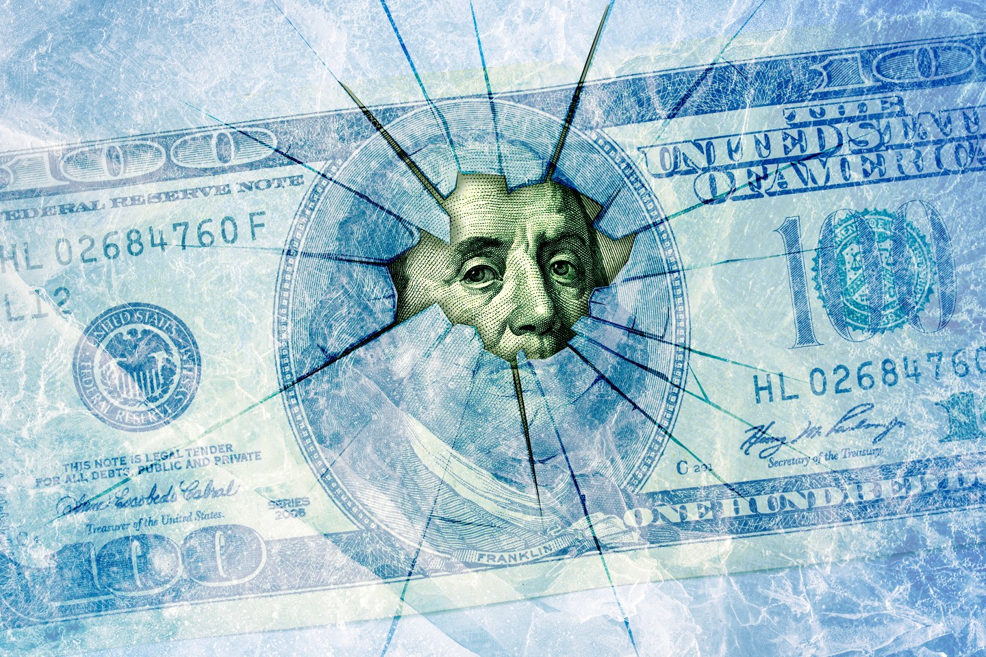 Photo illustration of ice that is covering a $100 bill and is cracked to reveal Ben Franklin's face.