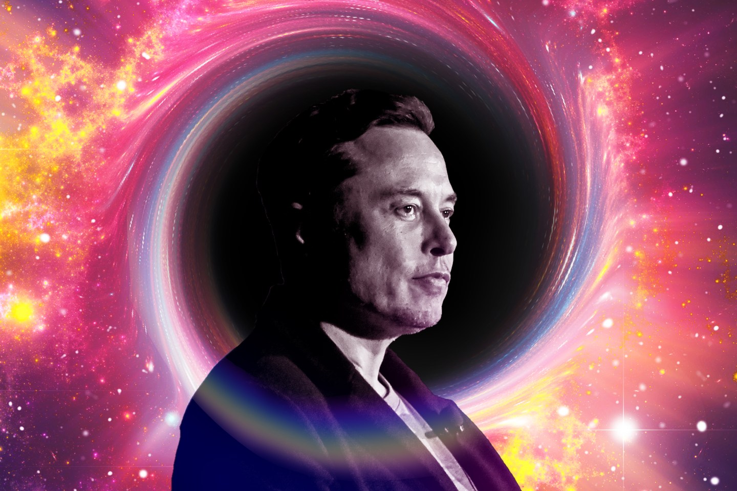 Photo illustration of Elon Musk in front of a black hole and a colorful outer space background.