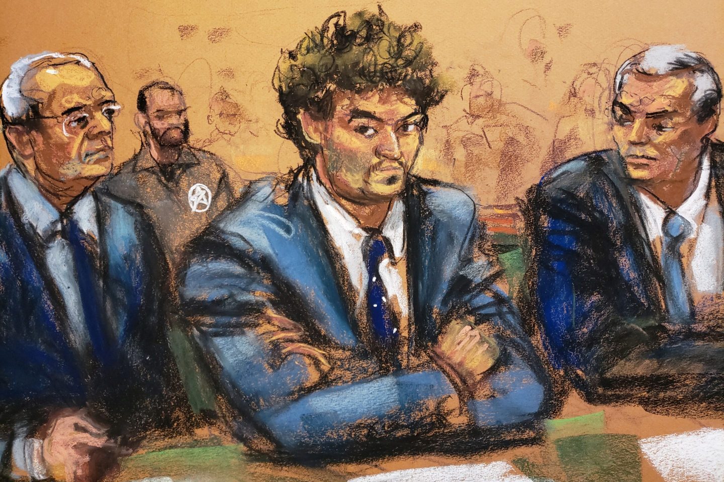 After his extradition from the Bahamas, Sam Bankman-Fried (in this courtroom sketch) sits with attorneys Mark Cohen and Christian Everdell at his arraignment hearing in Manhattan federal court, on Dec. 22, 2022.