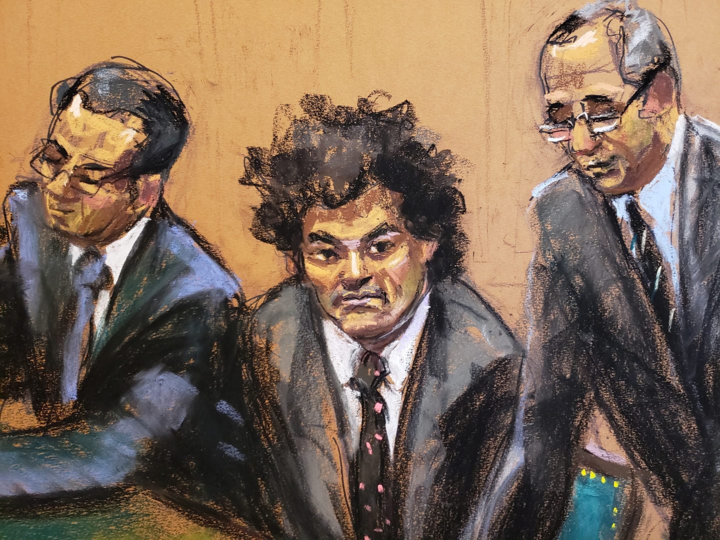 Defense attorney Mark Cohen, pleads "not guilty" for his client Sam Bankman-Fried, founder and former CEO of crypto currency exchange FTX, at his plea hearing in Manhattan federal court in New York City, U.S., January 3rd,  in this courtroom sketch. Defense attorney Christian Everdell sits at left.  