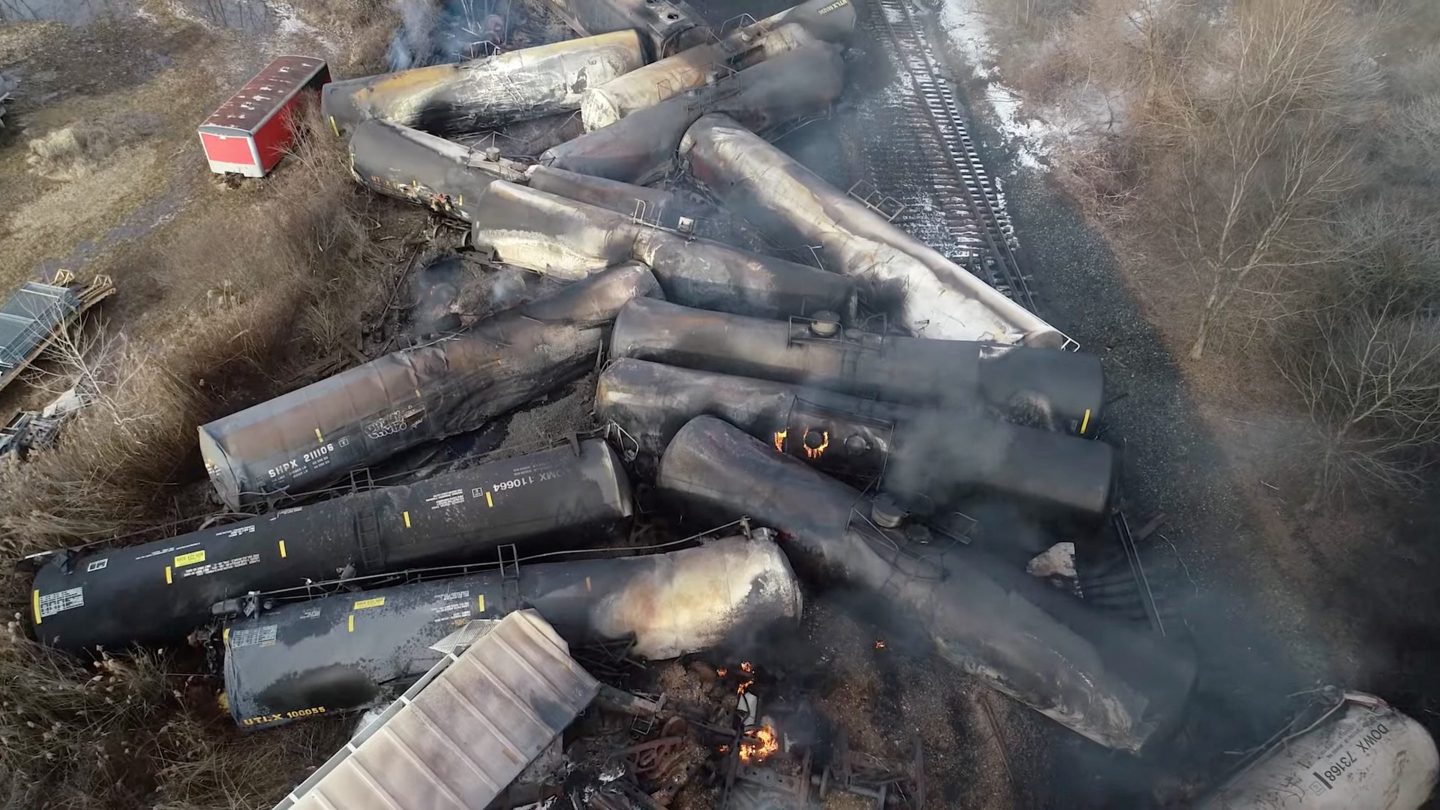 Drone footage shows the freight train derailment in East Palestine, Ohio, Feb. 6.