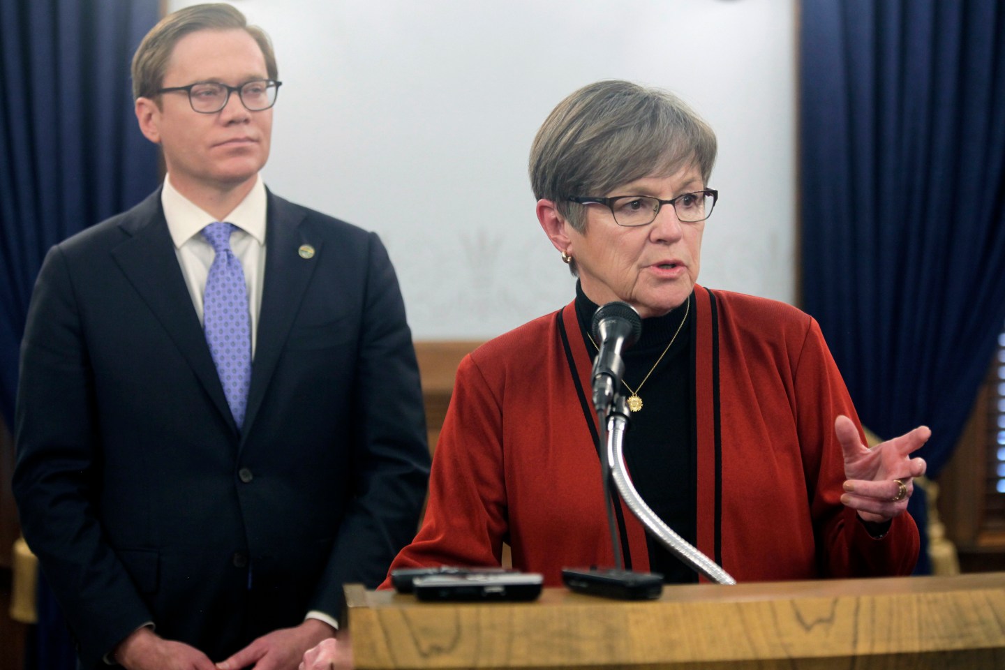 Kansas Gov. Laura Kelly discusses plans by Integra Technologies, of Wichita, to build a new, $1.8 billion semiconductor factory, during a news conference on Feb. 2, 2023, at the Statehouse in Topeka.