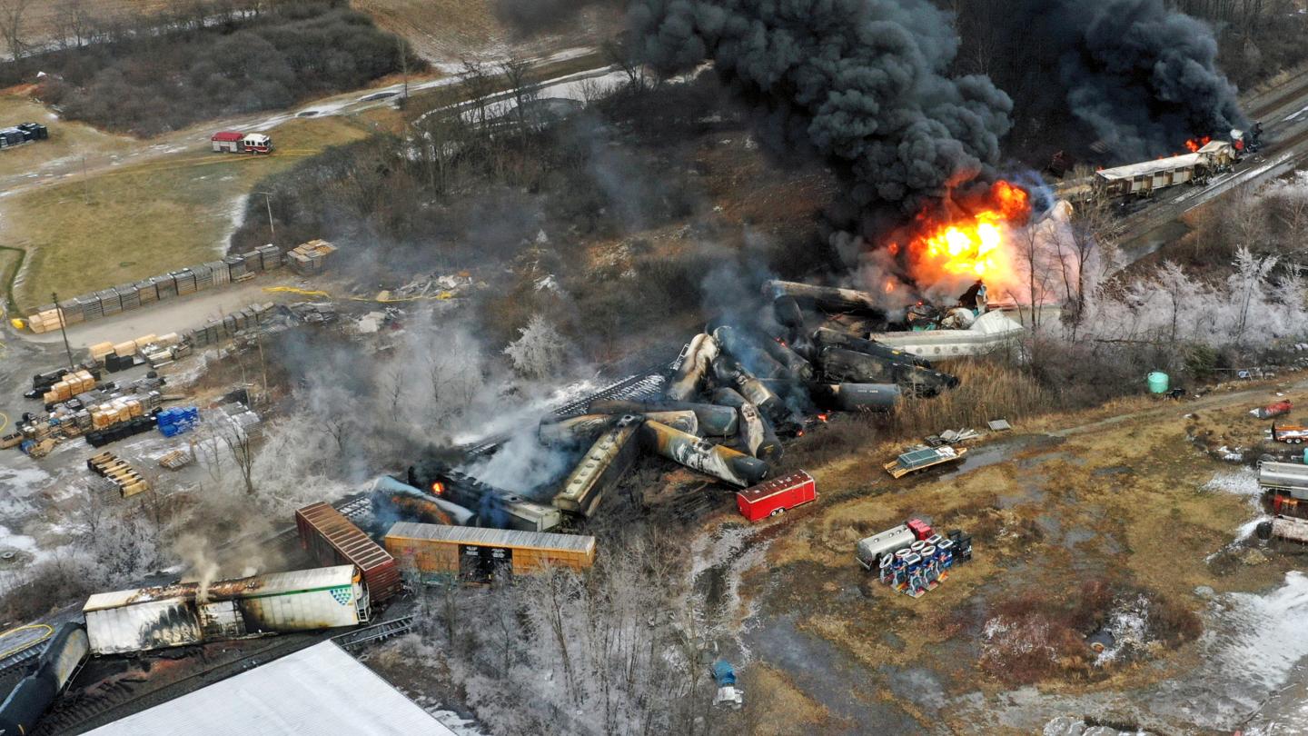 This photo taken with a drone shows portions of a Norfolk and Southern freight train that derailed Friday night in East Palestine, Ohio.