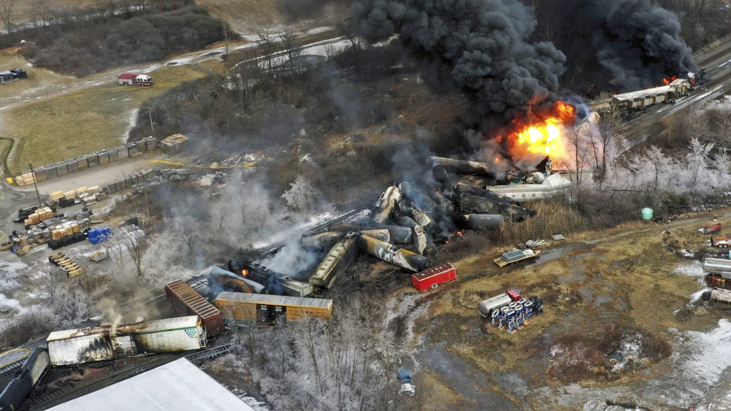 Portions of a Norfolk and Southern freight train that derailed Friday night in East Palestine, Ohio.