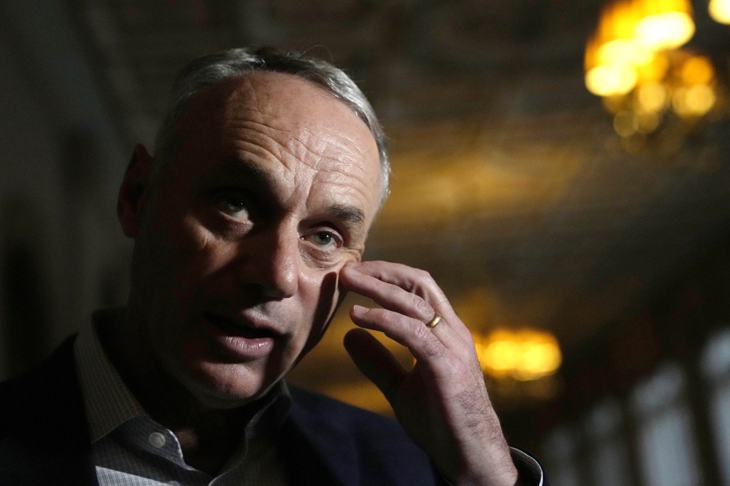 Major League Baseball Commissioner Rob Manfred speaks with the news media after a meeting of MLB owners, on Feb. 9, 2023, in Palm Beach, Fla.