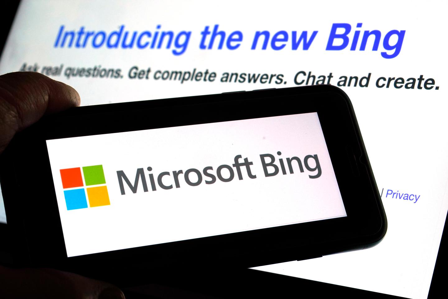 The Microsoft Bing logo and the website's page are shown in this photo taken in New York on Tuesday, Feb. 7, 2023. 
