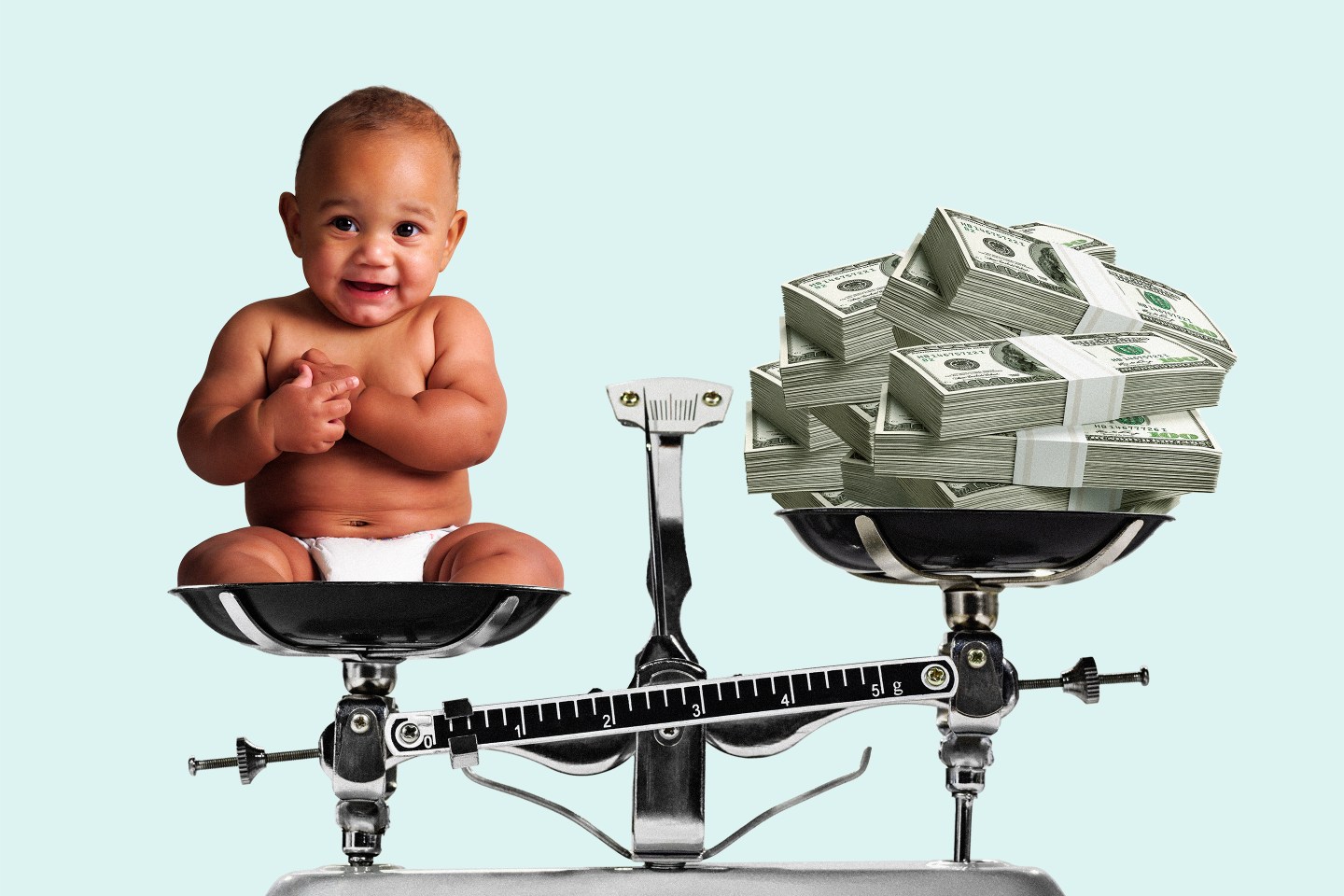 Baby on one side of a scale and money on the other side of a scale.