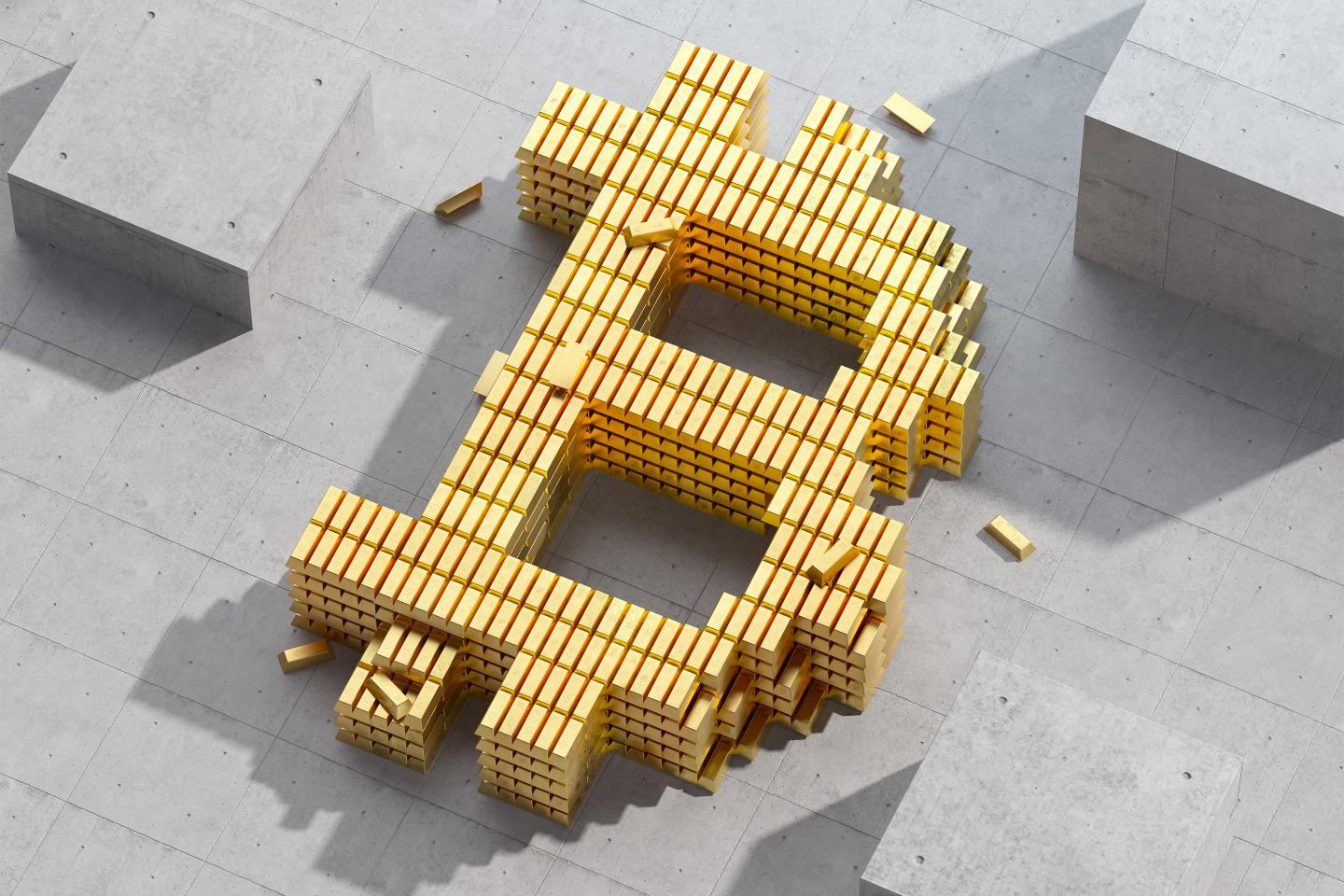 Digital generated image of bitcoin sign made out of golden bars stored on each other and starting ruining on concrete surface.