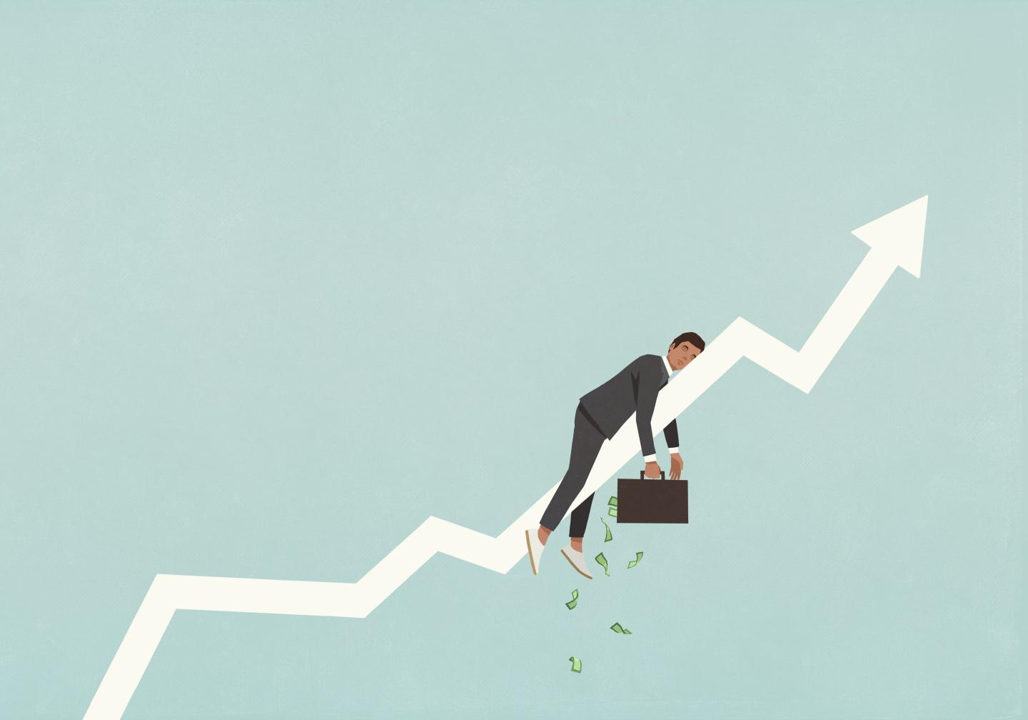 Tired businessman with money briefcase sleeping on ascending arrow