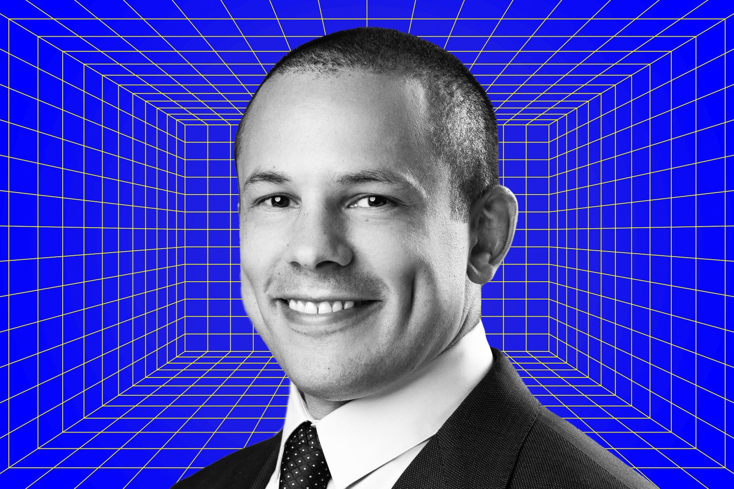 A photo of Max Galka superimposed over a blue background.