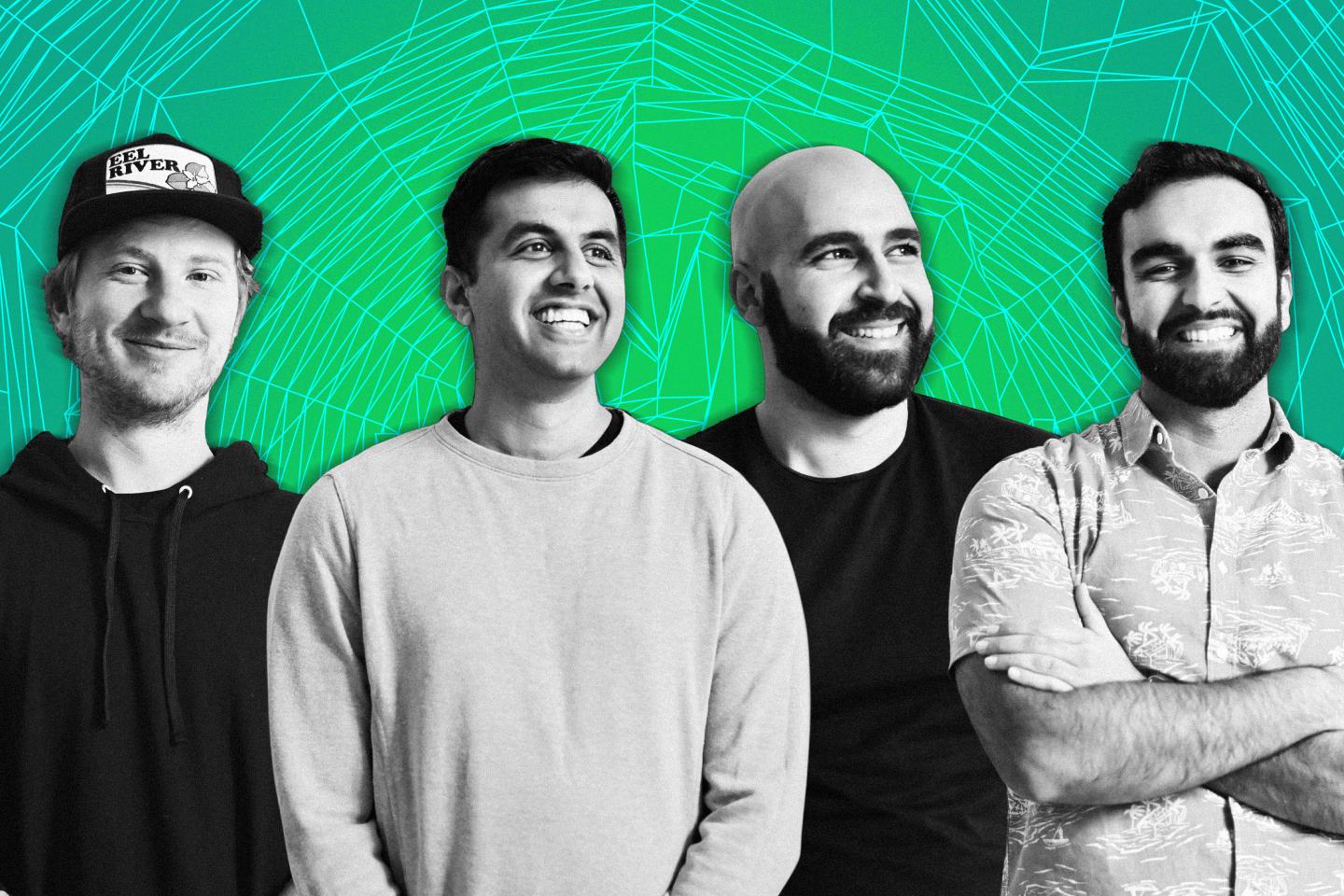 Five members of Portal Labs stand in front of green background.
