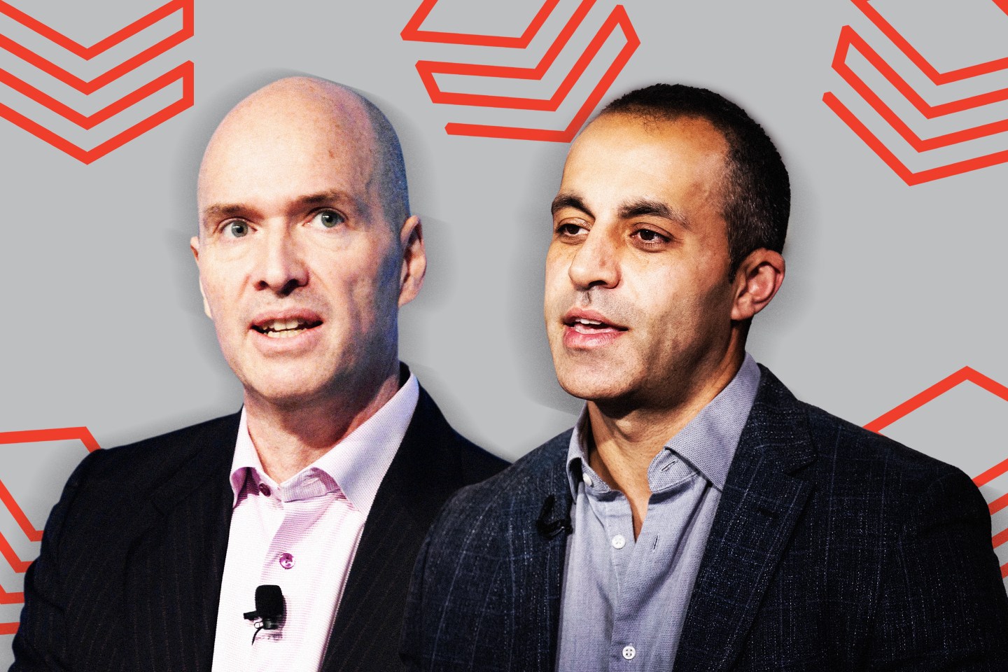 Silhouettes of Ben Horowitz and Ali Ghodsi on gray background with Databricks logo.