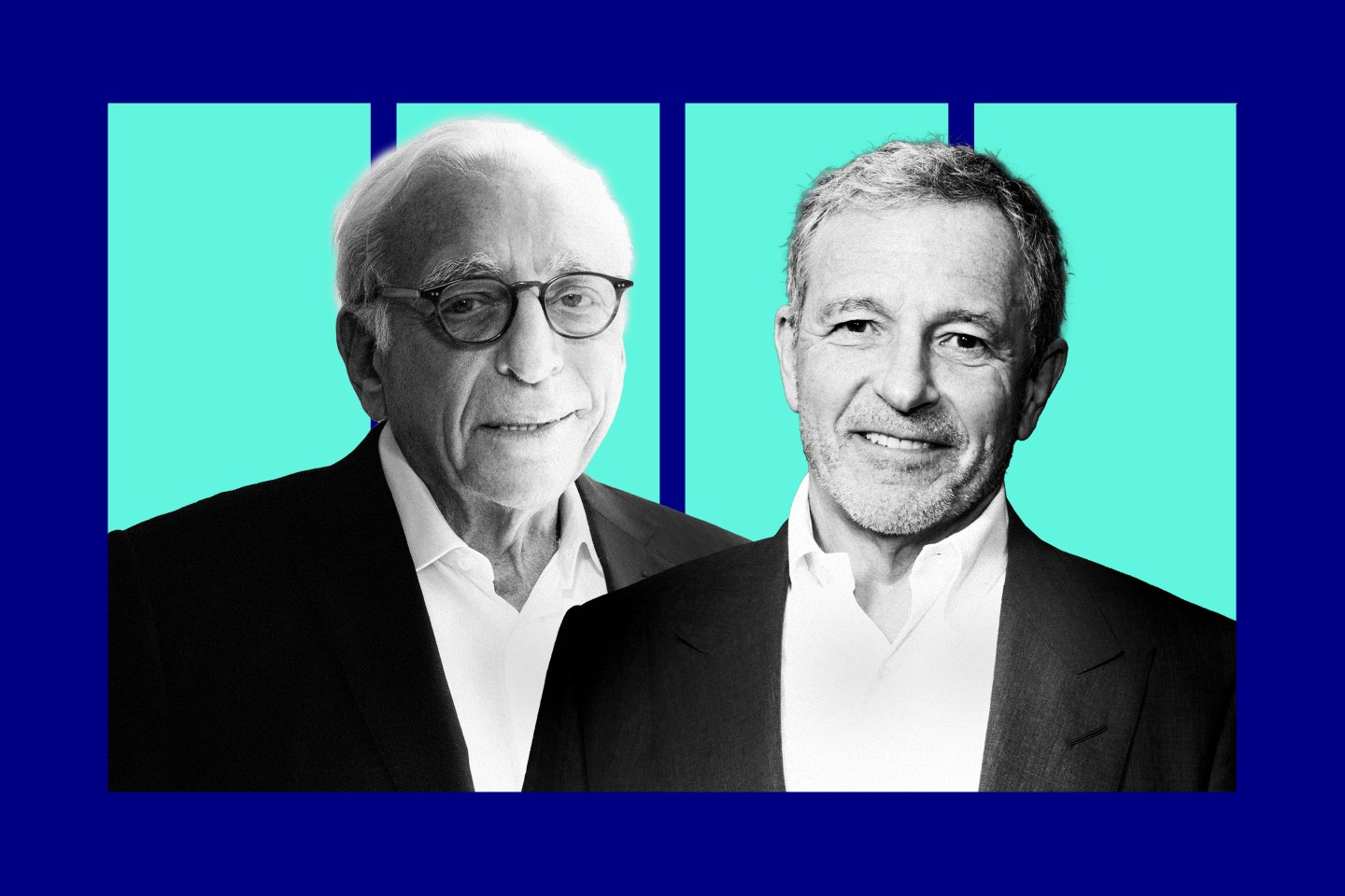 Portraits of Nelson Peltz and Bob Iger on blue background.