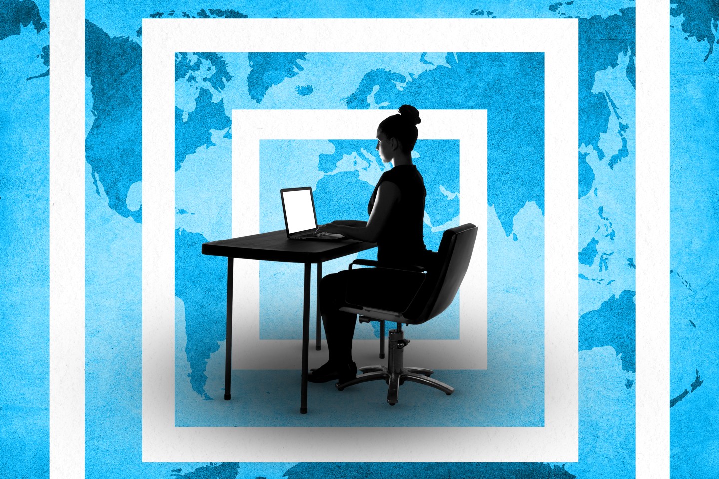 Photo illustration of a woman working on a laptop at a desk over top of a pattern of world maps that are getting smaller.