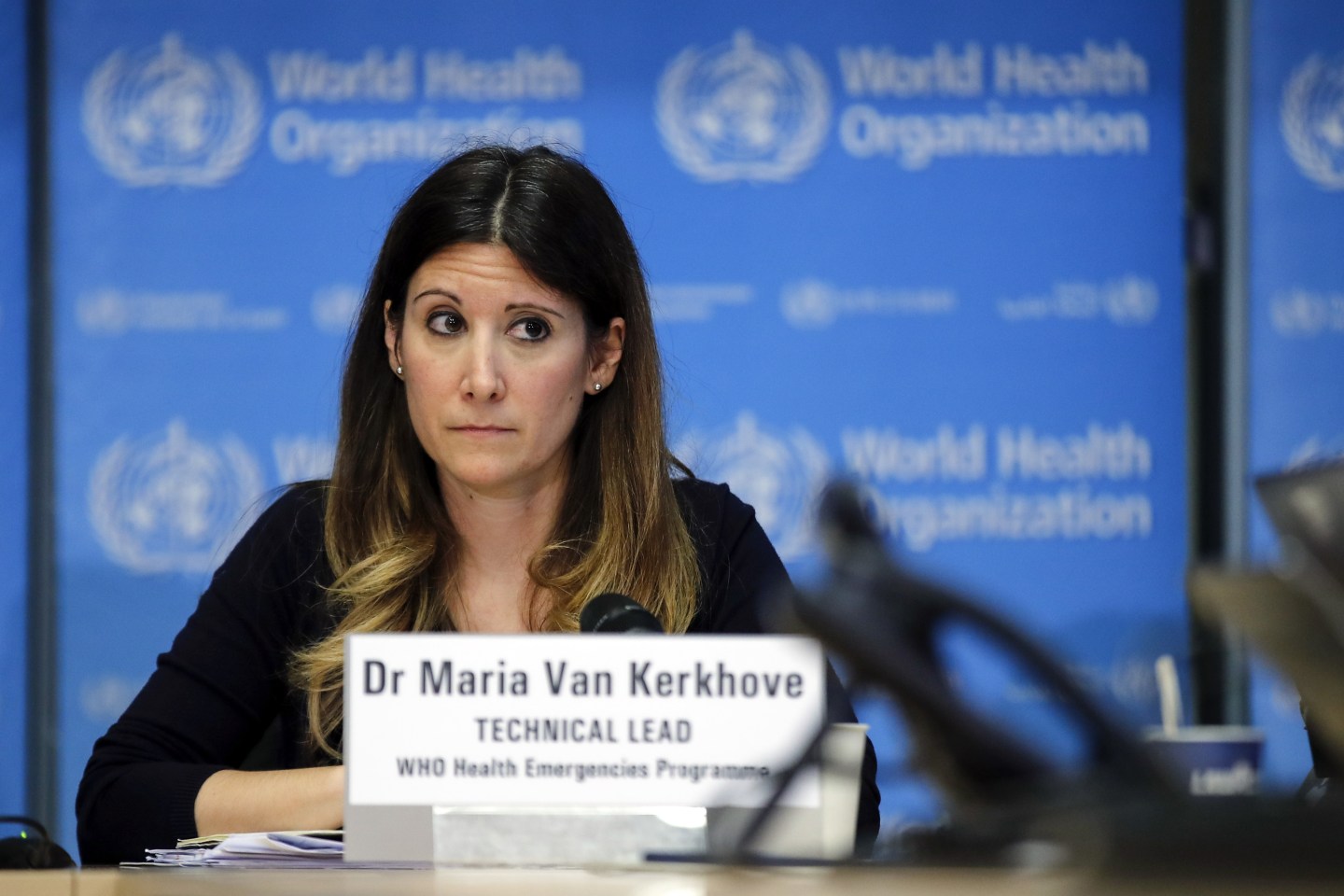 Maria Van Kerkhove, technical lead of health emergencies programme at the World Health Organization (WHO), listens during a news conference on the COVID-19 coronavirus outbreak in Geneva, Switzerland, on March 2, 2020. The pandemic is drawing to a close, World Health Organization officials said Wednesday. But they refused to rule out a plot twist that could reverse some, if not all, progress made on the disease over the past three years.