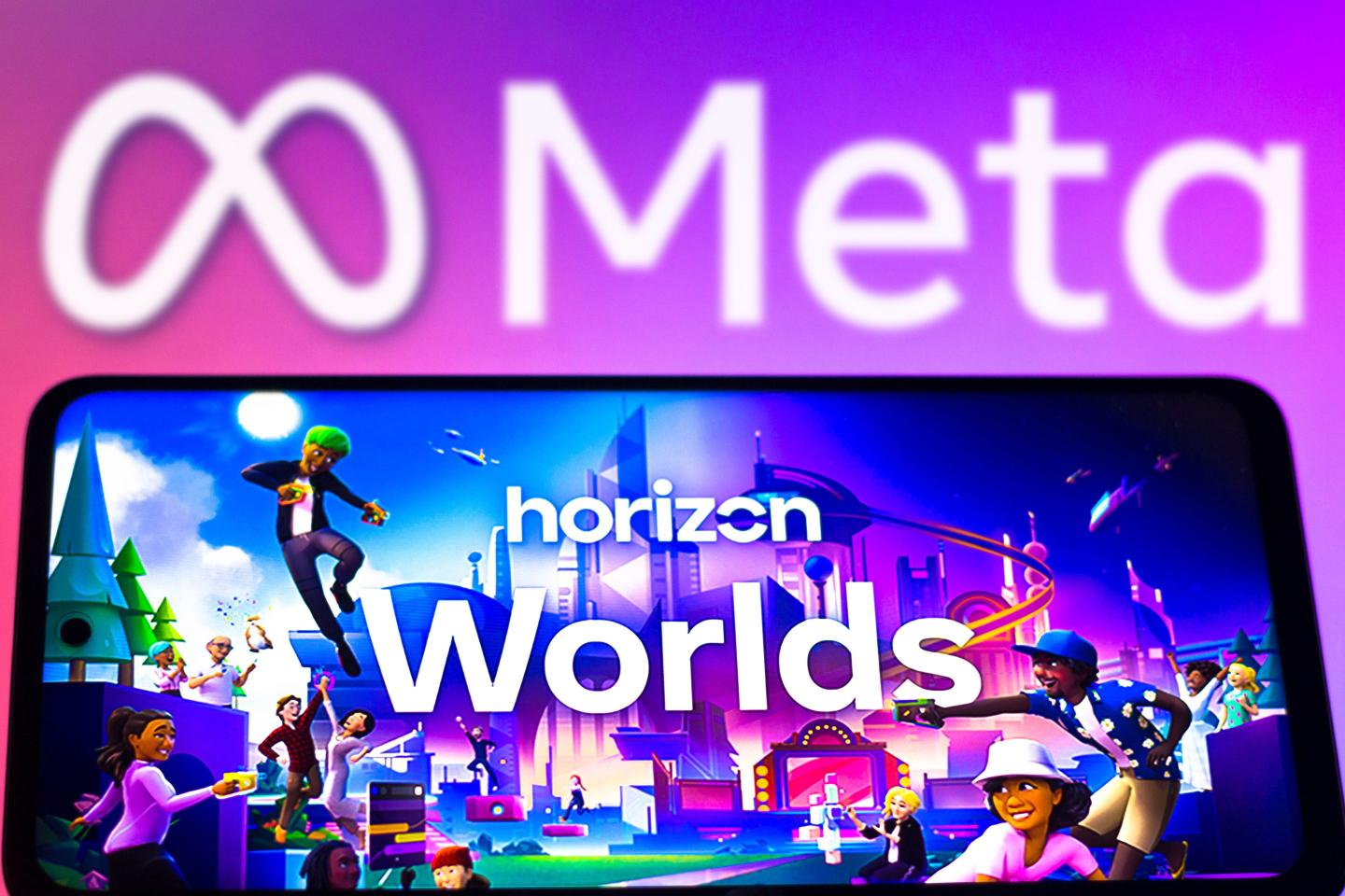The Horizon Worlds logo displayed on a smartphone with the Meta Platforms logo in the background.