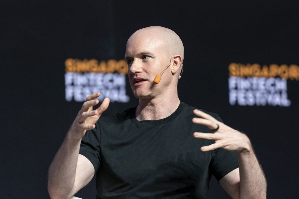 Brian Armstrong, co-founder and chief executive officer of Coinbase Inc., speaks during the Singapore Fintech Festival, in Singapore, on Friday, Nov. 4, 2022. The conference runs through Nov. 4. Photographer: Bryan van der Beek/Bloomberg via Getty Images