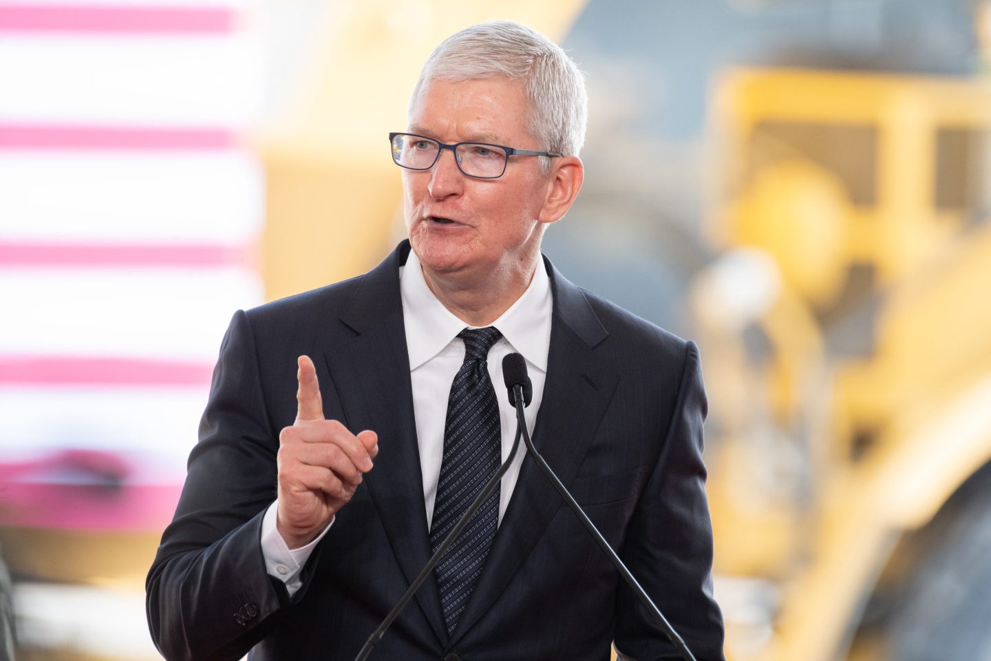 Apple CEO Tim Cook speaks during a "First Tool-In" ceremony at the TSMC facility under construction in Phoenix, on Dec. 6, 2022.