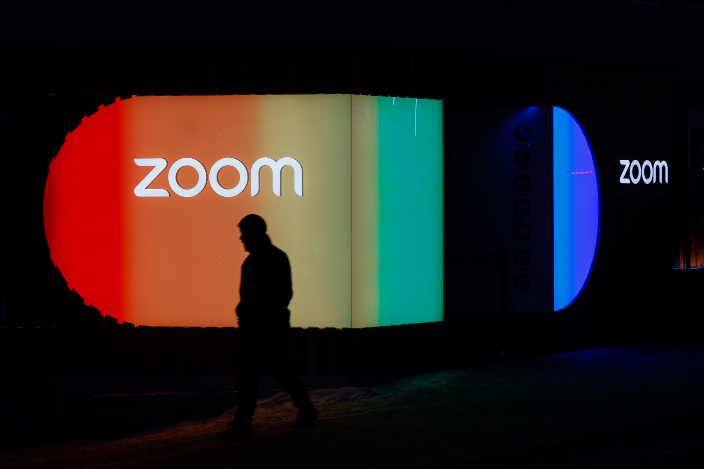 The Zoom Video Communications Inc. pavilion lit up in the colors of the pride flag on day two of the World Economic Forum (WEF) in Davos, Switzerland, on Wednesday, Jan. 18, 2023.