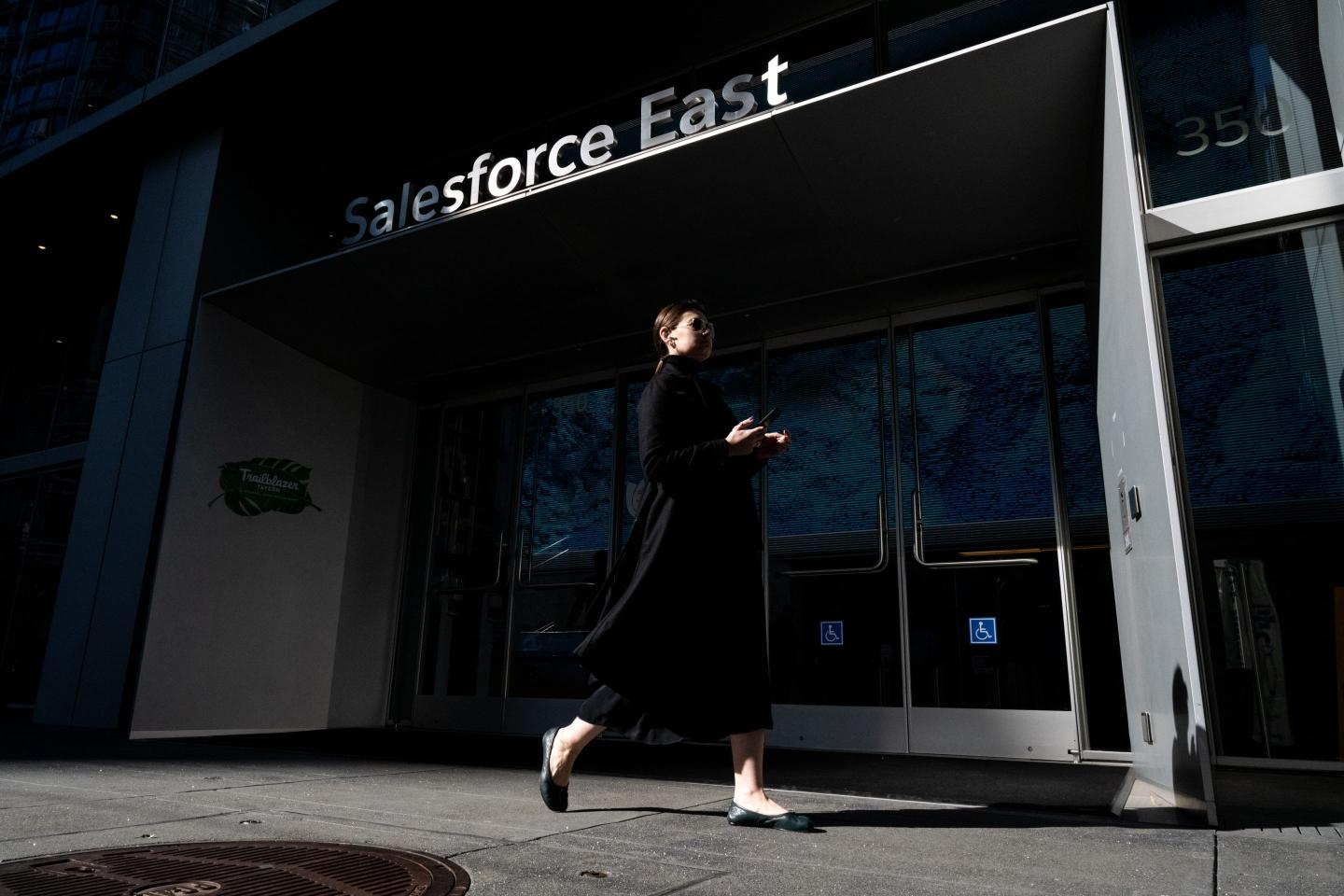 Salesforce employee walking into building