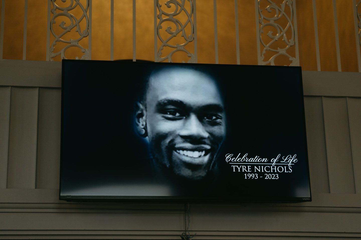 A screen at the entrance of Mississippi Boulevard Christian Church displays the celebration of life for Tyre Nichols on February 1, 2023 in Memphis, Tennessee. On January 7th, 29-year-old Nichols was violently beaten for three minutes by Memphis police officers at a traffic stop and died of his injuries. 