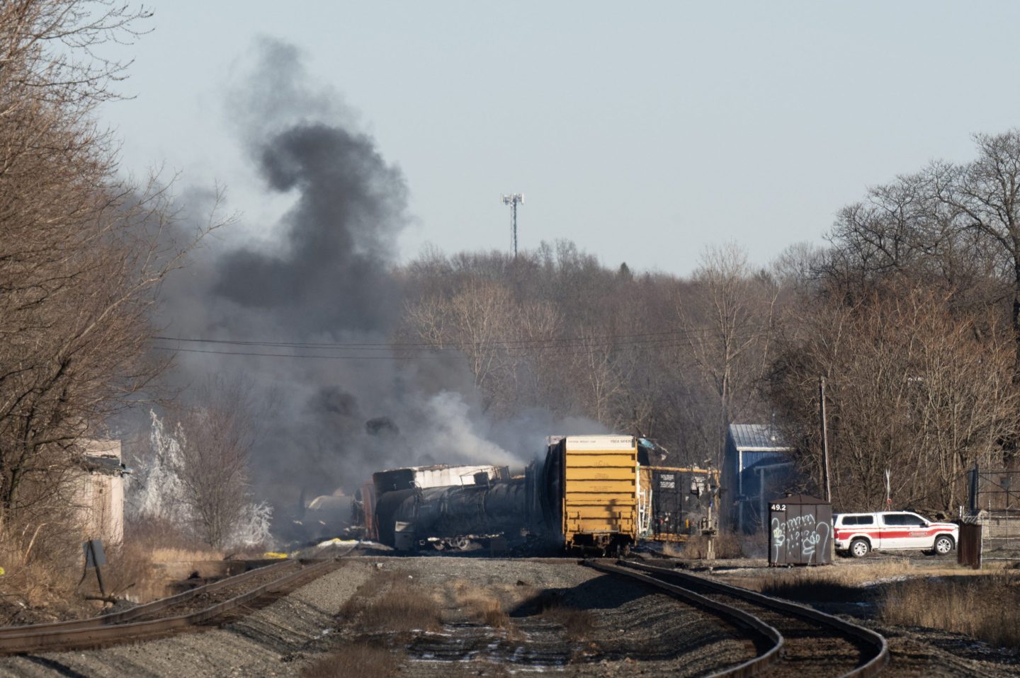 Smoke rises from a derailed cargo train in East Palestine, Ohio.