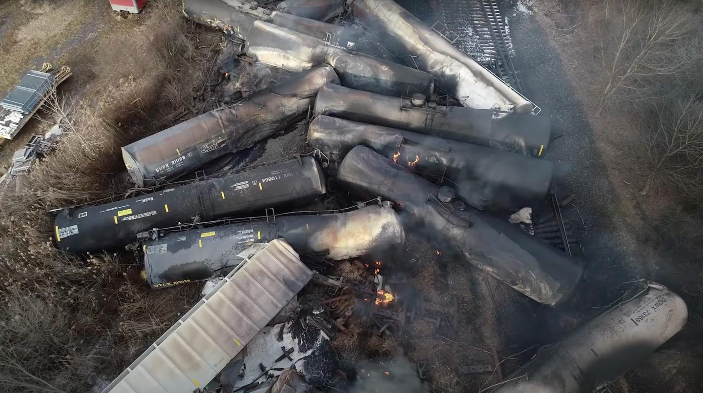 A Norfolk Southern train carrying toxic chemicals derailed in the small town of East Palestine.